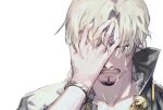  1boy blonde_hair clenched_teeth closed_eyes commentary_request crying curly_eyebrows eyes_visible_through_hair facial_hair goatee hand_on_own_face highres male_focus one_eye_covered one_piece rabbitseijin sanji_(one_piece) short_hair simple_background solo tears teeth white_background 