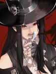  1other androgynous ascot bare_shoulders black_gloves black_hair fingerless_gloves gloves guilty_gear guilty_gear_strive hat hat_ornament highres long_hair looking_at_viewer other_focus red_eyes skull skull_hat_ornament testament_(guilty_gear) top_hat vaselinwithout white_ascot 