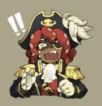  ! 1boy ascot belt black_coat brown_background coat dark_skin epaulettes eyepatch gloves hat maniani octopus_boy octopus_print open_mouth original pirate pirate_hat red_shirt redhead shirt solo teardrop tentacle_hair upper_body white_ascot yellow_eyes yellow_trim 