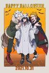  3boys animal_ears bags_under_eyes bandaid bandaid_on_face bandaid_on_nose bat_(animal) black_cape black_footwear black_hair boku_no_hero_academia border cape closed_mouth coat collared_shirt dated eraser_head_(boku_no_hero_academia) fang fingernails fur-trimmed_coat fur_trim ghost_costume ghost_pose green_coat green_eyes green_pants grey_border grin hair_between_eyes hand_on_another&#039;s_head happy_halloween high_collar highres long_sleeves looking_at_viewer loud_cloud male_focus mole monocle multiple_boys necktie open_mouth pants pointy_ears present_mic red_footwear red_necktie red_socks rnuyvm school_uniform sharp_fingernails shirt shoes short_hair smile sneakers socks striped striped_socks tail teeth u.a._school_uniform vampire_costume werewolf_costume white_footwear white_hair wolf_ears wolf_tail 
