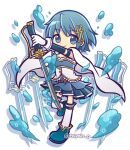  1girl belt blue_belt blue_eyes blue_footwear blue_hair blue_skirt cape closed_mouth doradorakingyo fortissimo full_body gloves hair_ornament holding holding_sword holding_weapon looking_at_viewer mahou_shoujo_madoka_magica mahou_shoujo_madoka_magica_(anime) miki_sayaka musical_note musical_note_hair_ornament parody pleated_skirt puyopuyo puyopuyo_quest shirt short_hair skirt smile solo soul_gem style_parody sword thigh-highs twitter_username weapon white_background white_cape white_gloves white_shirt white_thighhighs 