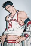  14ho_sd 1boy abs basketball_jersey basketball_uniform black_eyes black_hair clothes_lift clothes_pull cowboy_shot drop_shadow grey_background hand_on_own_hip jacket jacket_partially_removed lifted_by_self looking_at_viewer male_focus midriff_peek navel pectoral_cleavage pectorals pulled_by_self scar scar_on_chin scar_on_face shirt_lift shirt_pull short_hair shorts simple_background slam_dunk_(series) smile solo sportswear tank_top toned toned_male white_jacket white_shorts white_tank_top 