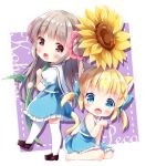  2girls :d animal_ear_fluff animal_ears barefoot blonde_hair blue_dress blush border brown_eyes brown_footwear brown_hair character_name chibi colored_eyelashes commentary double_bun dress fang flower hair_bun hair_flower hair_ornament irori koharu_(irori) loafers long_hair looking_at_viewer medium_hair multiple_girls open_mouth original paw_pose puffy_short_sleeves puffy_sleeves purple_background shirt shoes short_sleeves short_twintails sidelocks simple_background sitting smile standing sunflower thigh-highs twintails wariza white_border white_shirt white_thighhighs x_hair_ornament 