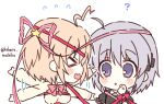  &gt;_&lt; 2girls ? ahoge arm_ribbon black_dress blush_stickers bow breasts chibi commentary company_connection crossover dress facing_away flying_sweatdrops grey_hair hair_ornament hair_ribbon hand_up haruchimo kagari_(rewrite) kamikita_komari key_(company) lightning_ahoge little_busters! long_ribbon long_sleeves looking_at_another medium_breasts motion_lines multiple_girls panicking puffy_short_sleeves puffy_sleeves red_bow red_ribbon rewrite ribbon short_hair short_sleeves simple_background star_(symbol) star_hair_ornament sweater trait_connection twitter_username upper_body violet_eyes waving_arms white_background yellow_sweater 