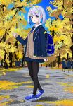  1girl autumn autumn_leaves backpack bag black_pantyhose blue_eyes blue_footwear blue_hair blue_jacket blue_necktie blue_skirt brown_sweater clear_sky day full_body highres holding holding_bag jacket looking_at_viewer necktie open_mouth original outdoors pantyhose park pleated_skirt road school_uniform shirt shoes short_hair skirt sky sneakers solo solo_focus standing street sweater tree white_shirt yuruligon 