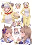  &gt;_&lt; 2girls absurdres alternate_costume animal_ears animal_hood blue_eyes blush blush_stickers bow closed_eyes closed_mouth commentary_request ear_bow ear_ornament eating food food_on_face gold_ship_(umamusume) grass_wonder_(umamusume) grey_hair highres holding holding_spoon hood hoodie horse_ears horse_girl horse_tail ice_cream long_hair long_sleeves mare_ma multicolored_hair multiple_girls multiple_views onesie open_mouth purple_bow purple_shirt shirt smile spoon streaked_hair tail umamusume violet_eyes white_hair yellow_hoodie 