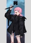  1girl black_jacket black_shorts ear_piercing hair_between_eyes highres holding holding_knife hood hood_down hooded_jacket jacket knife long_sleeves looking_at_viewer open_clothes open_jacket open_mouth original piercing pink_hair sharp_teeth short_shorts short_twintails shorts simple_background solo teeth toxic_ghost twintails v 