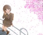  1girl :d adjusting_hair amagami arm_at_side backpack bag black_bow black_bowtie black_jacket black_sailor_collar black_skirt black_socks blush bob_cut bow bowtie branch breasts briefcase brown_bag brown_eyes brown_footwear brown_hair cherry_blossoms collared_shirt commentary dress_shirt falling_petals flower from_above from_side h.i.t_(59-18-45) hand_on_railing hand_up highres jacket kibito_high_school_uniform loafers looking_at_viewer looking_to_the_side looking_up loose_hair_strand messy_hair on_railing open_mouth petals pink_flower playing_with_own_hair pleated_skirt railing sailor_collar school_briefcase school_uniform shirt shoes short_hair sidewalk skirt small_breasts smile socks solo sweater tachibana_miya teeth tree upper_teeth_only white_background white_shirt yellow_sweater 