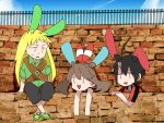 1girl 2boys :3 :d animal_ears black_hair blonde_hair brown_hair emerald_(pokemon) minun minun_(cosplay) odamaki_sapphire plusle plusle_(cosplay) pokemon pokemon_(creature) pokemon_adventures pokemon_oras ruby_(pokemon) sapphire_birch shiny_pokemon sitting sweatdrop