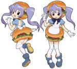  1girl absurdres blue_footwear brown_eyes burger colinarmis food food-themed_clothes gloves hand_up highres leg_up long_hair multiple_views open_mouth original purple_hair short_sleeves simple_background thigh-highs twintails white_background white_gloves white_thighhighs 