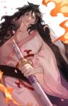  ! 1boy black_eyes black_hair closed_mouth commentary_request holding holding_sword holding_weapon japanese_clothes katana kimono long_hair looking_at_viewer male_focus momonosuke_(one_piece) one_piece smile solo sword ttt-oo552 wavy_hair weapon 
