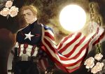  1boy american_flag arethusa_smile belt blonde_hair blue_bodysuit blue_eyes bodysuit brown_background brown_belt brown_gloves captain_america captain_america_(series) character_name closed_mouth commentary_request fingerless_gloves fingernails flower full_moon gloves highres holding holding_shield leaf looking_at_viewer male_focus mandarin_collar marvel moon pocket rose shield short_hair smile solo standing star_(symbol) steve_rogers striped superhero white_flower white_rose 