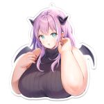  1girl agano_mai aqua_eyes artist_request breasts commentary_request dot_nose fat hair_between_eyes horns huge_breasts indie_virtual_youtuber long_hair looking_at_viewer mini_wings parted_lips purple_hair ribbed_sweater sleeveless solo sweater thick_arms turtleneck turtleneck_sweater upper_body virtual_youtuber wings 