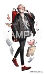  1boy bag bird black_choker black_jacket black_pants black_shirt blonde_hair border0715 cellphone choker closed_mouth copyright_notice flying_paper full_body guitar_case hair_between_eyes half_updo hand_on_headphones haori headphones holding holding_phone instrument_case jacket japanese_clothes jewelry long_sleeves looking_at_viewer male_focus mouth_hold multicolored_hair musical_note necklace nijisanji official_art open_clothes open_jacket owl pants paper paper_bag patterned_clothing phone red_eyes red_footwear redhead ring ring_necklace sample_watermark seraph_dazzlegarden sheet_music shirt shoes short_hair simple_background smartphone smile solo standing sticker streaked_hair two-tone_shirt v-neck virtual_youtuber watermark white_background white_shirt wide_sleeves wristband 