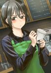 1girl apron black_hair black_shirt brown_eyes coffee_cup collared_shirt commentary cup disposable_cup echo-kilo green_apron highres holding holding_cup holding_pen inuzuka_miwa looking_at_viewer pen shirt short_hair solo tsukiatte_agetemo_ii_kana upper_body
