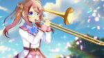  1girl blue_bow blue_eyes blue_sky blurry blurry_background blush bow breasts brown_hair clouds collared_shirt commentary_request commission day depth_of_field glasses holding holding_instrument instrument jacket kou_hiyoyo long_hair multicolored_hair music original outdoors pink_skirt plaid plaid_skirt playing_instrument pleated_skirt round_eyewear shirt skeb_commission skirt sky small_breasts solo streaked_hair trombone twintails two-tone_hair white_jacket white_shirt 