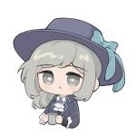  1girl :o ai_chi_guobaoyou ascot blue_bow blush boater_hat bow chibi collared_shirt cropped_torso cup grey_eyes grey_hair hair_bun hat hat_bow highres holding holding_cup jacket long_sleeves looking_at_viewer purple_headwear purple_jacket reverse:1999 shirt short_hair single_side_bun solo upper_body vertin_(reverse:1999) white_ascot white_background white_shirt 