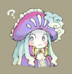  1girl ? ascot blue_eyes blue_hair brown_background center_frills coat colored_skin frilled_hat frills hat high_collar maniani original personification pirate pirate_hat portuguese_man_o&#039;_war purple_coat red_brooch solo upper_body wavy_mouth white_ascot white_skin yellow_trim 