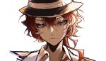  1boy absurdres black_headwear blue_eyes bungou_stray_dogs closed_mouth collared_shirt dappled_sunlight expressionless hair_between_eyes highres looking_at_viewer mafia male_focus nakahara_chuuya orange_hair portrait shirt short_hair simple_background solo sunlight white_background white_shirt ya_ta 