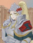  1girl armor blonde_hair fire_emblem fire_emblem_engage full_armor grey_armor high_ponytail highres jade_(fire_emblem) looking_at_viewer marie_dqx open_mouth plate_armor sidelocks solo upper_body yellow_eyes 