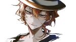  1boy absurdres black_headwear blue_eyes bungou_stray_dogs closed_mouth dappled_sunlight hair_between_eyes highres looking_at_viewer mafia male_focus nakahara_chuuya orange_hair portrait short_hair simple_background smile solo sunlight white_background ya_ta 