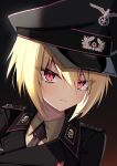  1girl absurdres blonde_hair blush cross epaulettes hat highres iron_cross jiseki_rena looking_at_viewer military_uniform nazi necktie original peaked_cap red_eyes reichsadler rena_(jiseki_rena) short_hair solo totenkopf tsurime uniform 