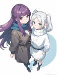  ai-generated blue_scarf elf fern_(sousou_no_frieren) frieren green_eyes highres lilium(lilydisease) looking_at_viewer pointy_ears purple_hair scarf sousou_no_frieren thick_eyebrows twintails violet_eyes white_hair winter_clothes 