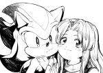  1boy 1girl :t animal_ears animal_nose aoki_(fumomo) blush body_fur cheek-to-cheek closed_mouth commentary_request furry furry_male greyscale hair_intakes hairband hand_on_another&#039;s_hand hands_up happy heads_together long_hair looking_at_viewer maria_robotnik monochrome neck_fur palms_together partial_commentary shadow_the_hedgehog sidelocks simple_background sketch smile sonic_(series) sonic_adventure_2 spiky_hair upper_body white_background 