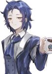  1boy armband ascot blue_ascot blue_coat blue_hair blue_vest bonno_sasu chesed_(project_moon) closed_mouth coat cup highres holding holding_cup lobotomy_corporation long_sleeves looking_at_viewer medium_hair project_moon simple_background smile solo vest white_background yellow_eyes 