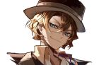  1boy absurdres black_headwear black_jacket blue_eyes bungou_stray_dogs closed_mouth collared_shirt dappled_sunlight hair_between_eyes highres jacket looking_at_viewer mafia male_focus nakahara_chuuya orange_hair portrait shirt short_hair simple_background smile solo sunlight white_background white_shirt ya_ta 