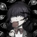  1girl artist_name asahina_mafuyu black_background bow bowtie do_not_repost food hair_between_eyes highres holding holding_food long_hair looking_at_viewer open_mouth project_sekai sleepymari_zzz solo upper_body 
