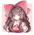  1girl ? ascot border bow brown_eyes brown_hair closed_mouth collared_shirt detached_sleeves frilled_hair_tubes frilled_shirt_collar frills hair_ornament hair_tubes hairpin hakurei_reimu highres light_blush long_hair looking_at_viewer nontraditional_miko pink_background red_bow red_shirt shirocha_tei shirt simple_background sleeveless sleeveless_shirt solo sweatdrop touhou twitter_username upper_body white_border yellow_ascot 