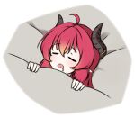  1girl ahoge blanket blue_archive closed_eyes drooling horns hr.r junko_(blue_archive) mouth_drool open_mouth pointy_ears redhead sidelocks sleeping solo under_covers 