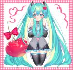  1girl aqua_eyes aqua_hair aqua_necktie black_skirt black_thighhighs border bow cherry commentary detached_sleeves dosukoi_humitarou food fruit full_body hatsune_miku heart heart_hair highres kneeling long_hair miniskirt multicolored_eyes necktie oversized_food oversized_object pink_border pink_eyes red_bow red_ribbon ribbon shirt shoulder_tattoo skirt sleeveless sleeveless_shirt smile solo symbol-only_commentary tattoo thigh-highs very_long_hair vocaloid zettai_ryouiki 