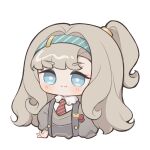  1girl :3 ai_chi_guobaoyou blue_eyes blue_hairband blush chibi collared_shirt cropped_torso diagonal-striped_necktie grey_hair grey_sweater hairband hand_on_own_hip highres long_sleeves looking_at_viewer matilda_bouanich necktie one_side_up red_necktie reverse:1999 shirt solo sweater upper_body white_background white_shirt 