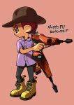  1boy black_pants boots brown_headwear buttons collared_shirt commentary_request dual_wielding dualie_squelcher_(splatoon) full_body gun hat highres holding holding_gun holding_weapon octoling octoling_boy pants purple_shirt red_background red_eyes redhead shirt short_hair simple_background solo splatoon_(series) splatoon_3 translation_request weapon xdies_ds yellow_footwear 