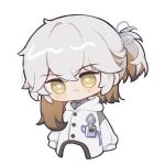  1other :/ ai_chi_guobaoyou androgynous blush brown_hair chibi coat colored_tips cropped_torso highres id_card long_sleeves looking_at_viewer medicine_pocket medium_hair multicolored_hair reverse:1999 short_ponytail solo upper_body white_background white_coat white_hair yellow_eyes 
