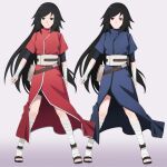  1girl alternate_color bandaged_arm bandaged_foot bandaged_leg bandages black_eyes black_hair black_shorts blue_robe boruto:_naruto_next_generations facing_viewer full_body highres long_hair looking_at_viewer naruto_(series) red_eyes red_robe robe sharingan shorts standing taro_(ultrataro) uchiha_nanashi 