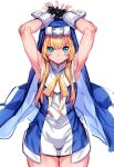  1boy aqua_eyes armpits black_gloves blonde_hair blue_dress blush bridget_(guilty_gear) cuffs dress fingerless_gloves gloves guilty_gear guilty_gear_xx habit highres looking_at_viewer male_focus morikawa_(futomayu) nun otoko_no_ko ribbon smile yellow_ribbon 