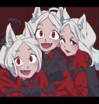  3girls :3 :d animal_ears artist_name black_border black_gloves black_necktie black_vest blush border breasts brown_background cerberus_(helltaker) chromatic_aberration collared_shirt commentary demon_girl demon_tail dog_ears dog_girl dress_shirt eyelashes fang gloves hairband half-closed_eyes hand_on_another&#039;s_arm helltaker highres kirokaroillust letterboxed long_hair long_sleeves looking_at_viewer medium_breasts multiple_girls necktie open_mouth parted_bangs red_eyes shirt siblings signature sisters smile tail thick_eyebrows triplets vest white_hair white_hairband white_shirt wide-eyed 
