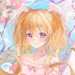  1girl absurdres bare_shoulders blonde_hair blue_background blush bubble closed_mouth collarbone detached_collar flower head_wings highres hoshina_utau long_hair looking_at_viewer off-shoulder_shirt off_shoulder pink_flower pink_ribbon pink_shirt portrait ribbon shirt shugo_chara! smile solo twintails very_long_hair violet_eyes weibo_logo weibo_username wings xiao_xiong_keke_aoi 