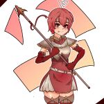  1girl :p absurdres armor artist_request breastplate est_(fire_emblem) fire_emblem fire_emblem_echoes:_shadows_of_valentia headband highres pauldrons red_eyes redhead short_hair shoulder_armor thighs tongue tongue_out weapon 