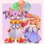  2girls absurdres animal_ears bad_id bad_twitter_id balloon blaze_the_cat blue_dress blue_footwear cat_ears cat_girl cat_tail closed_eyes clown clown_nose cream_the_rabbit crown dress eyeshadow forehead_jewel furry furry_female heart highres holding holding_balloon looking_at_viewer makeup multiple_girls purple_fur rabbit_ears rabbit_girl red_eyeshadow red_footwear short_twintails simple_background smile sonic_(series) stellarspin tail twintails 