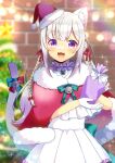  1girl :3 :d animal_ear_fluff animal_ears bell blue_bow blurry blurry_background bow brick_wall capelet cat_ears cat_girl cat_tail christmas_ornaments christmas_tree commentary_request commission depth_of_field dress fang fur-trimmed_capelet fur-trimmed_headwear fur_trim gift hair_bow hat holding holding_gift indie_virtual_youtuber jingle_bell kou_hiyoyo looking_at_viewer mini_hat mini_santa_hat nekome_shia pleated_dress red_bow red_capelet red_headwear santa_hat skeb_commission smile solo star_(symbol) tail tail_bell tail_ornament tilted_headwear violet_eyes virtual_youtuber white_dress 