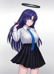 1girl alternate_hairstyle blue_archive blush closed_mouth durian12 highres long_hair looking_at_viewer purple_hair smile solo violet_eyes yuuka_(blue_archive) 