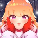  2girls blush coat couple female_pov fur_trim gloves grabbing hands_on_another&#039;s_cheeks hands_on_another&#039;s_face highres holding_another&#039;s_wrist holding_hands hololive hololive_english hyurisaki long_hair looking_at_viewer mori_calliope multiple_girls open_mouth orange_hair out_of_frame pov pov_hands smile takanashi_kiara violet_eyes virtual_youtuber winter_clothes winter_coat yuri 