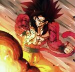  1boy biceps black_hair blue_sash body_fur closed_mouth dragon_ball dragon_ball_gt hashagu highres long_hair looking_at_viewer male_focus monkey_boy monkey_tail muscular muscular_male no_nipples pants pectorals red_fur saiyan sash smile solo son_goku spiky_hair super_saiyan super_saiyan_4 tail yellow_pants 