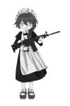  1girl apron black_dress black_hair braid brown_footwear collared_dress dress full_body grey_eyes gun hair_between_eyes hair_over_shoulder highres holding holding_gun holding_weapon hougetsu_(moon_neetcat) juliet_sleeves long_hair long_sleeves looking_at_viewer maid maid_headdress open_mouth original puffy_sleeves rifle shoes simple_background single_braid smile solo standing weapon white_apron white_background 