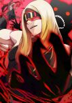  1boy absurdres bare_shoulders black_gloves blind blonde_hair bodysuit cl_seael eddie_(guilty_gear) gloves guilty_gear guilty_gear_strive highres long_hair male_focus monster red_blindfold simple_background sleeveless sleeveless_bodysuit smile zato-1 