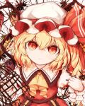 1girl ascot blonde_hair closed_mouth commentary crystal expressionless flandre_scarlet hat hat_ribbon highres looking_at_viewer mob_cap multicolored_wings red_eyes ribbon ro.ro short_hair side_ponytail skirt skirt_set solo touhou white_headwear wings yellow_ascot